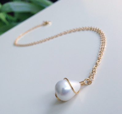 Wire Wrapped Teardrop Sea Shell Pearl Gold Filled Chain Necklace