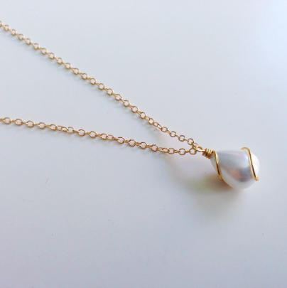 Wire Wrapped Teardrop Sea Shell Pearl Gold Filled Chain Necklace