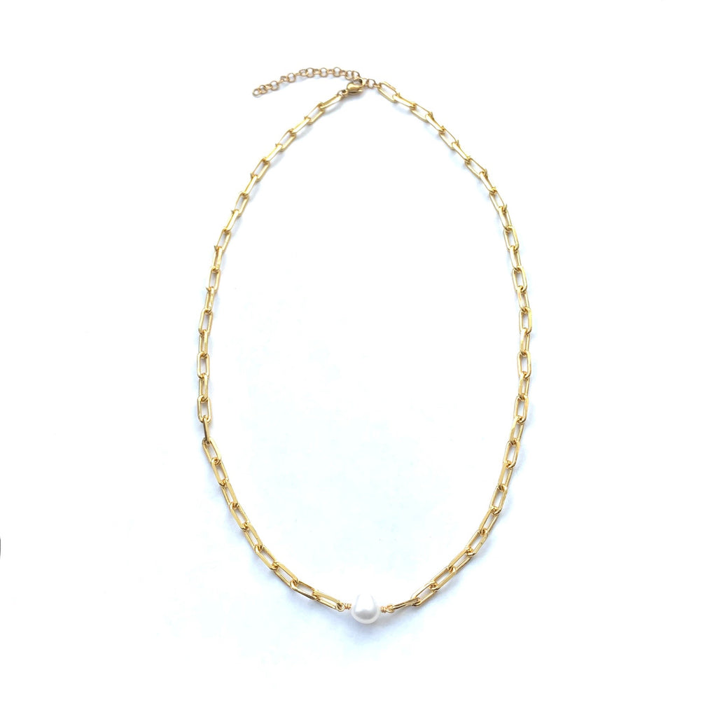 Paper Clip Pearl Gold Fill Necklace